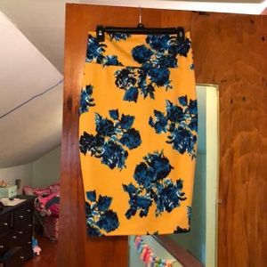 Yellow and blue floral pencil skirt.
